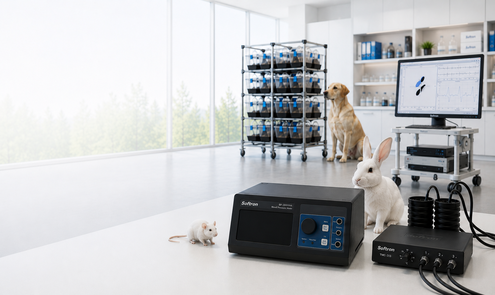 Softron research equipment, software and research animals in a laboratory