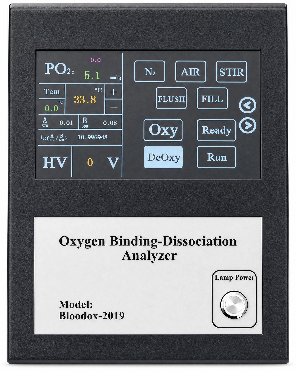 Bloodox-2019 touchscreen showing PO2, temperature, and gas controls